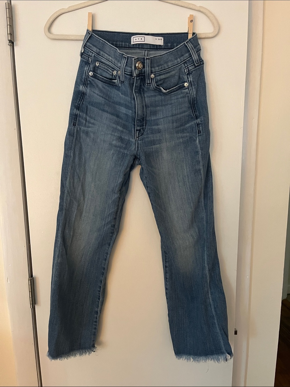 AYR Medium Blue High-Rise Cropped Jeans with Frayed Hem